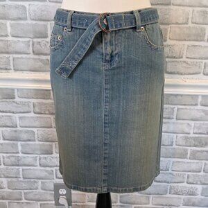 Grunge Route 66 Denim Midi Skirt  Worn-In Distressed Hem 90s Indie Y2K 3/4